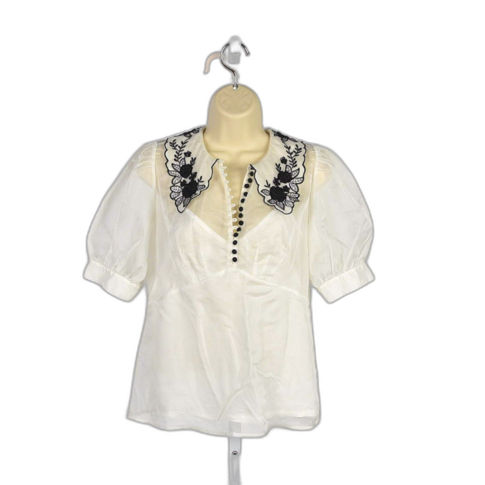 Maeve White Sheer Blouse Floral Embellished Collar Puff Sleeve Size 6
